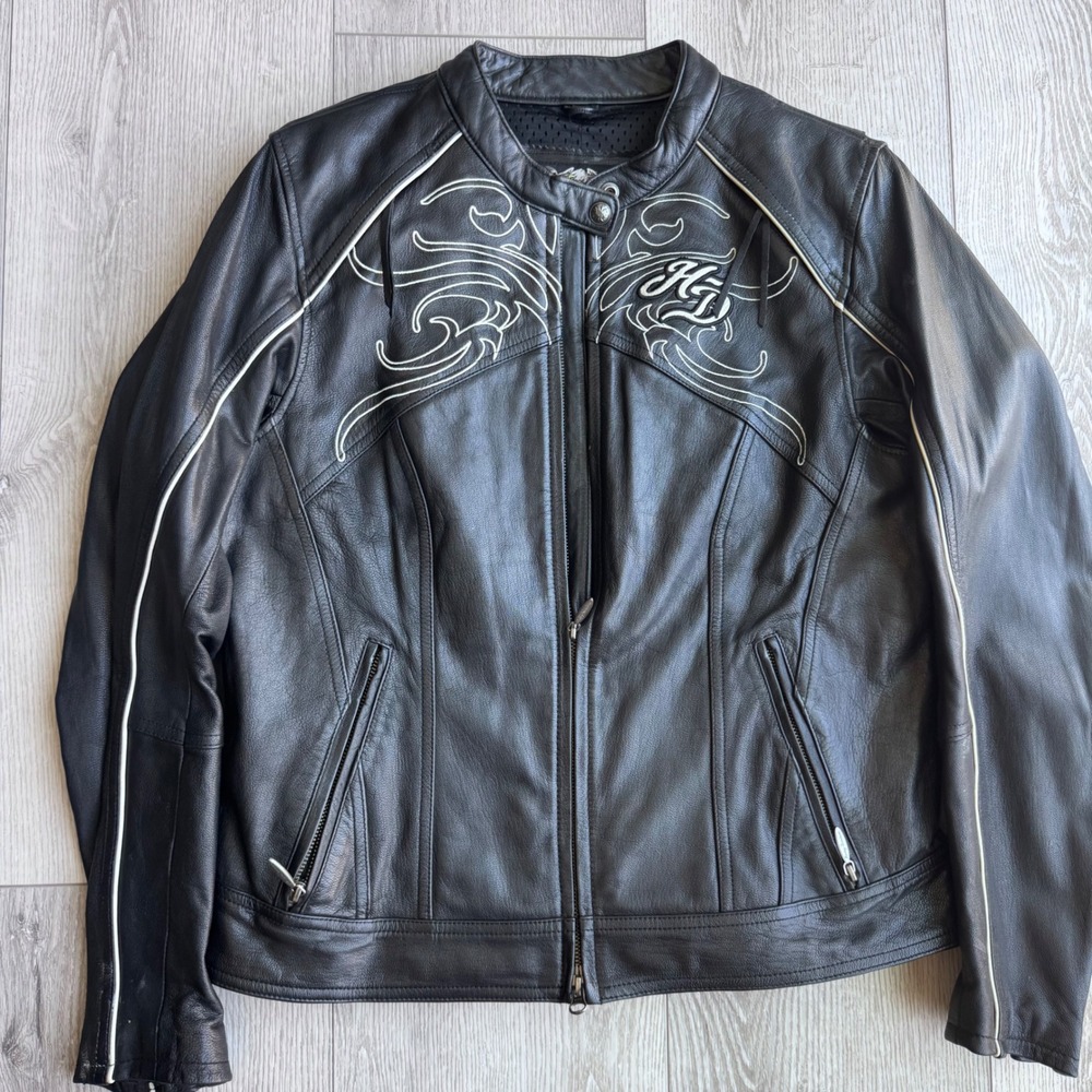 Harley-Davidson Womens Black Leather Riding Jacket Tribal Embroidery 97041-11VW
